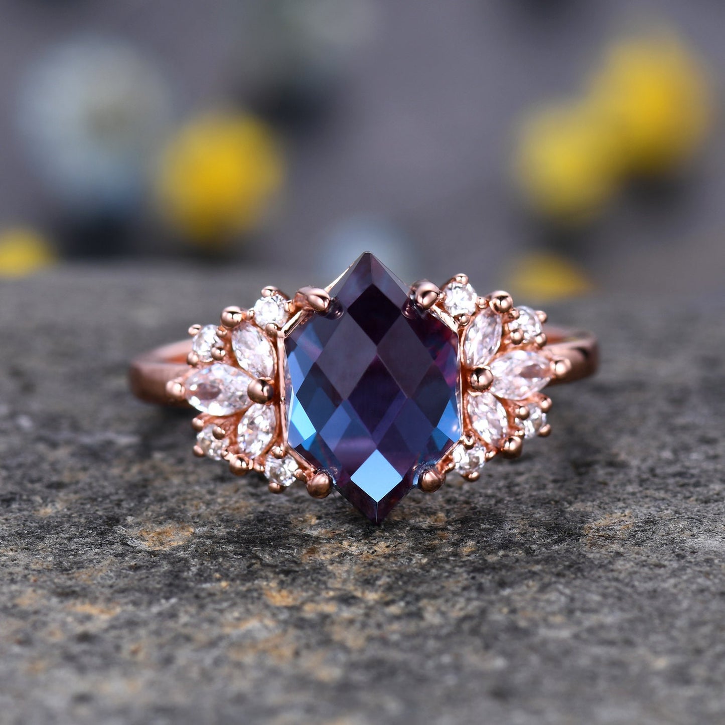 Vintage Alexandrite engagement ring,Unique Hexagon Alexandrite Ring,Cluster Diamond Ring,Bridal Wedding Ring For Women Gift,Statement Ring