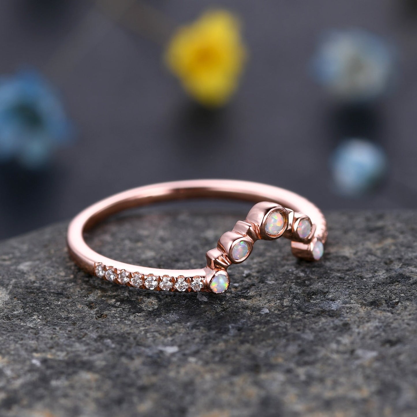 2mm Opal Engagement Ring,Opal Wedding Band,14K Rose Gold,Wedding Band,Stacking Ring,Matching Band,Promise Ring,Anniversary,Gift for Women