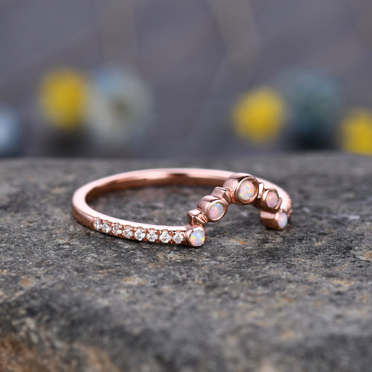 2mm Opal Engagement Ring,Opal Wedding Band,14K Rose Gold,Wedding Band,Stacking Ring,Matching Band,Promise Ring,Anniversary,Gift for Women