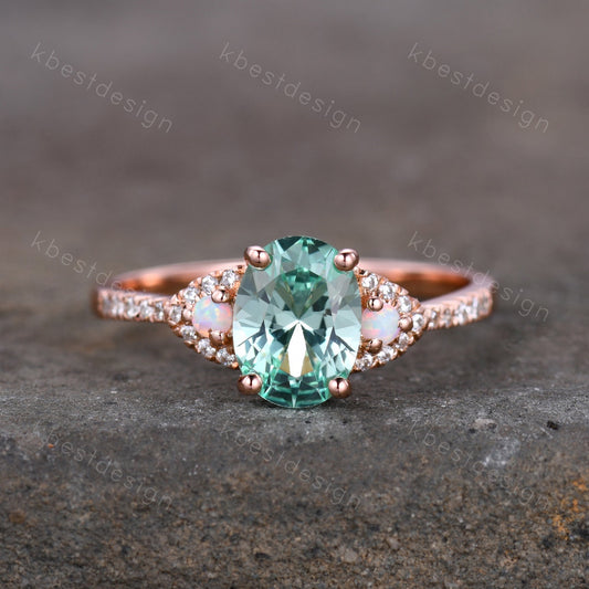 Vintage Green Sapphire Engagement ring Rose gold Ring Oval Sapphire Opal Wedding Ring Unique Diamond Bridal Ring Promise Anniversary Gift