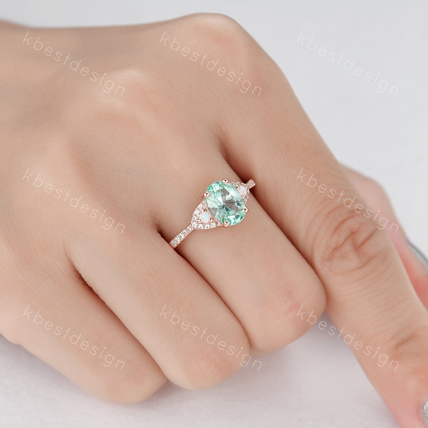 Vintage Green Sapphire Engagement ring Rose gold Ring Oval Sapphire Opal Wedding Ring Unique Diamond Bridal Ring Promise Anniversary Gift