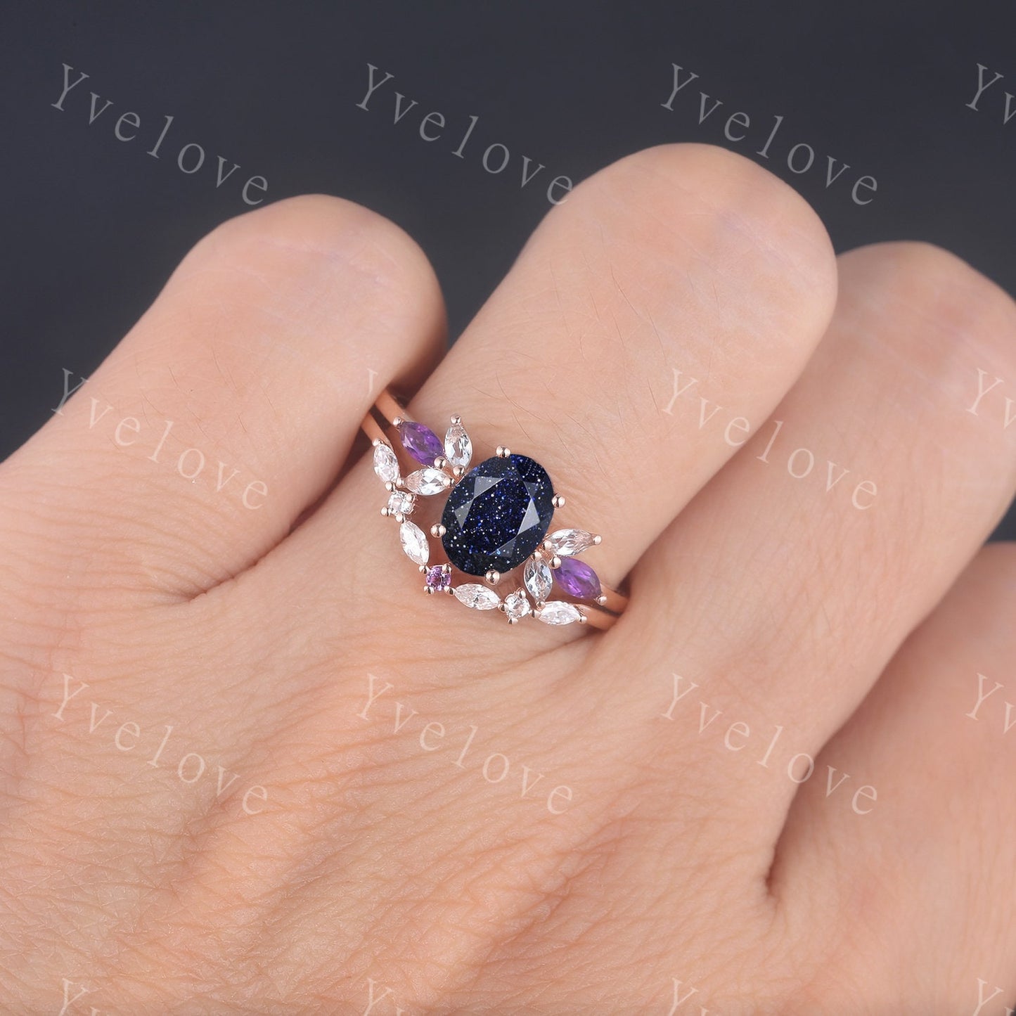 Vintage Blue Sandstone Engagement Ring set Unique Rose Gold Oval cut Bridal set Art deco curved stacking band promise anniversary rings gift
