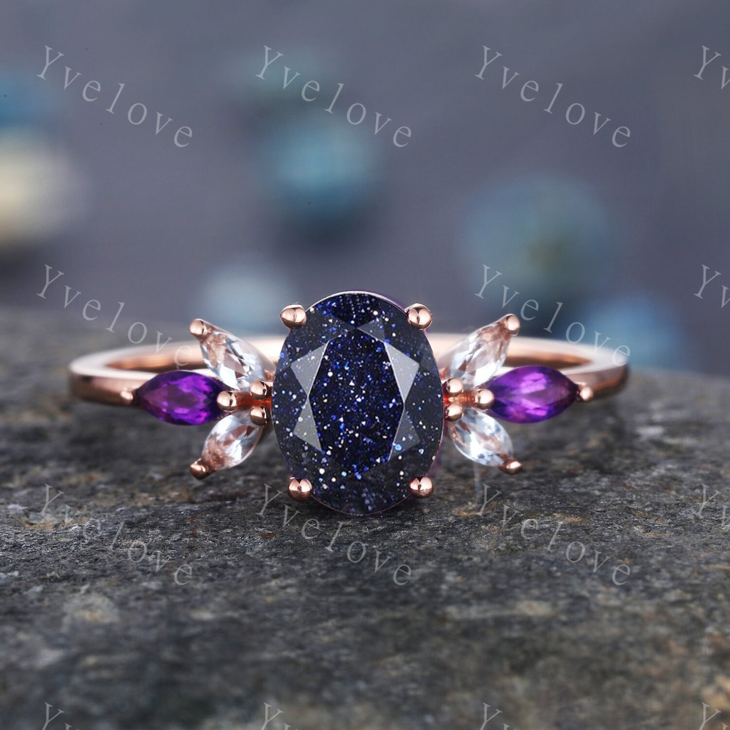 Vintage Blue Sandstone Engagement Ring set Unique Rose Gold Oval cut Bridal set Art deco curved stacking band promise anniversary rings gift