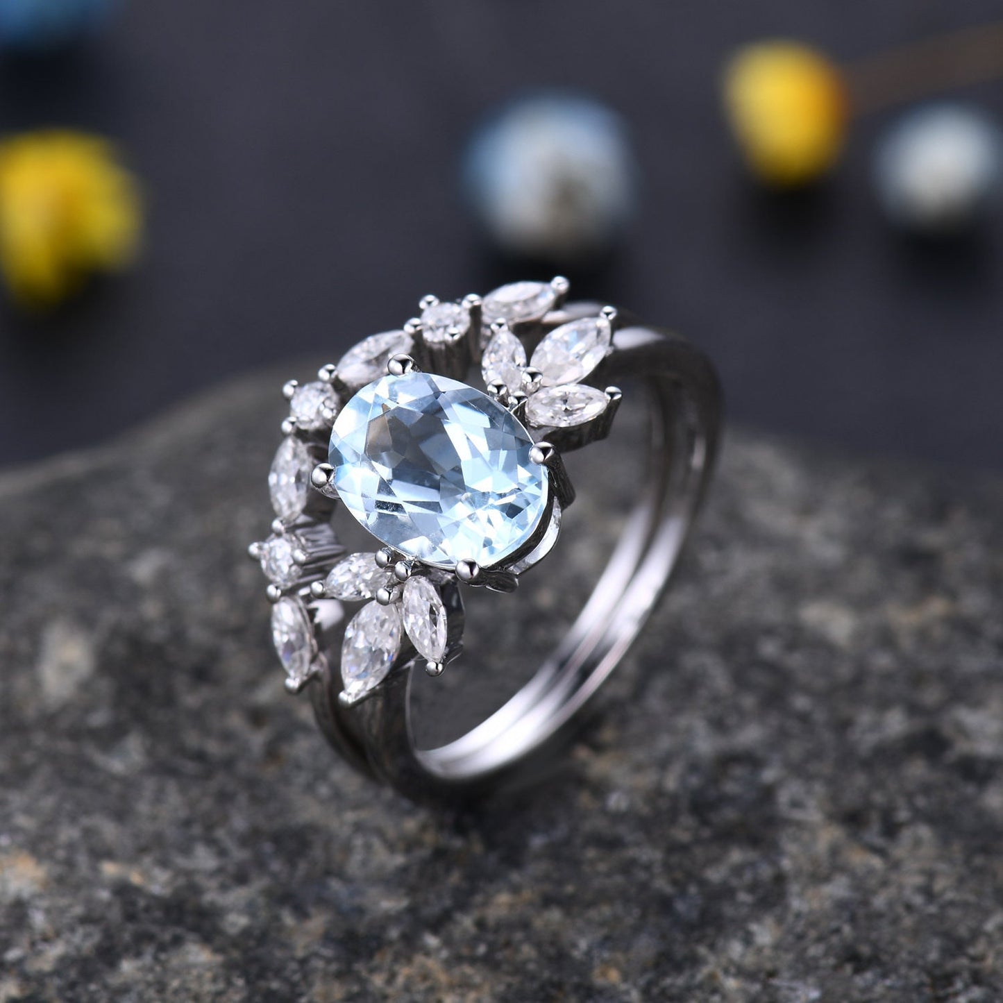Aquamarine ring set White gold aquamarine engagement ring moissanite band aquamarine bridal set Valentines gift for women March birthstone