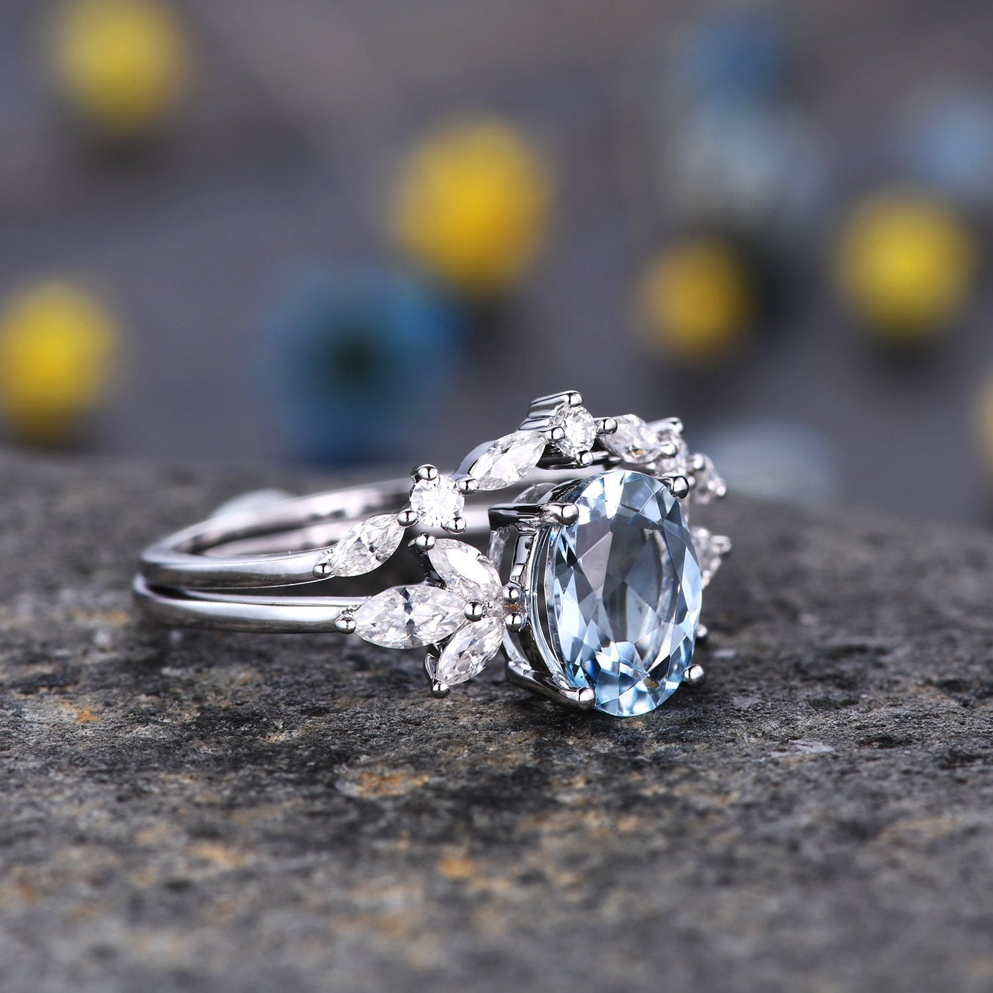 Aquamarine ring set White gold aquamarine engagement ring moissanite band aquamarine bridal set Valentines gift for women March birthstone