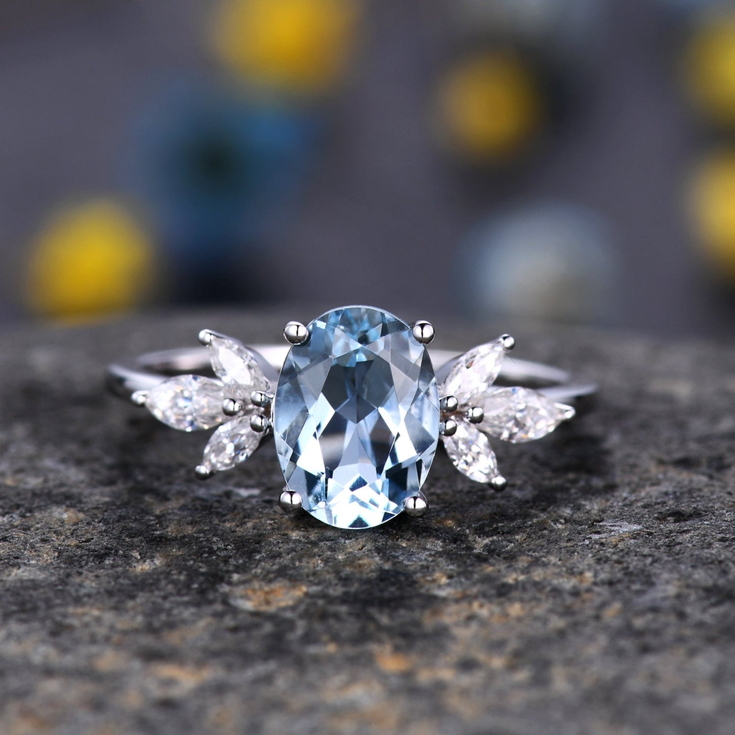 Aquamarine ring set White gold aquamarine engagement ring moissanite band aquamarine bridal set Valentines gift for women March birthstone
