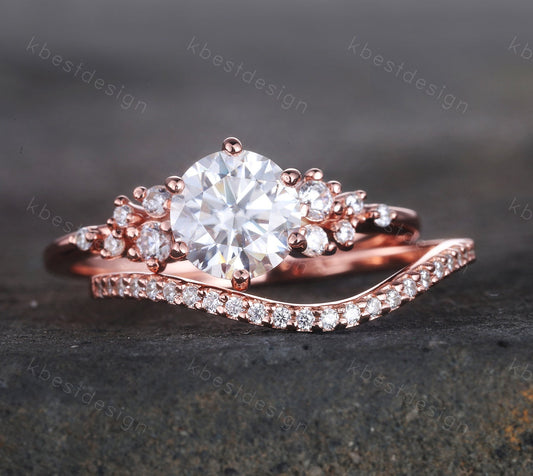 Round Engagement Ring, Rose Gold Wedding Rings, High Quality Cubic Zirconia Wedding Ring Set, Art Deco Wedding Ring, Bridal Promise Ring