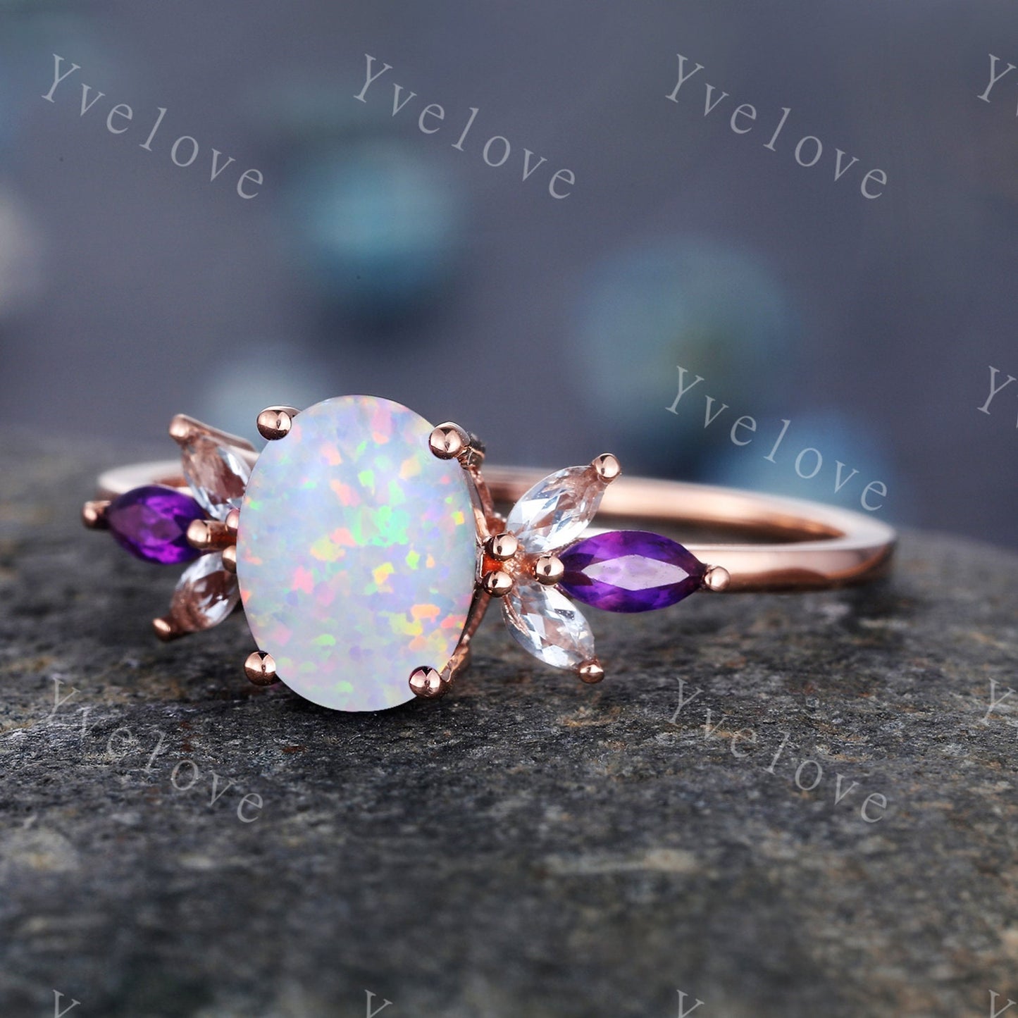 Vintage White Fire Opal Ring, Opal Bridal Ring Set, Dainty Opal Engagement Ring, Rose Gold Rings, Matching Band, Opal Jewelry, Gift for Her
