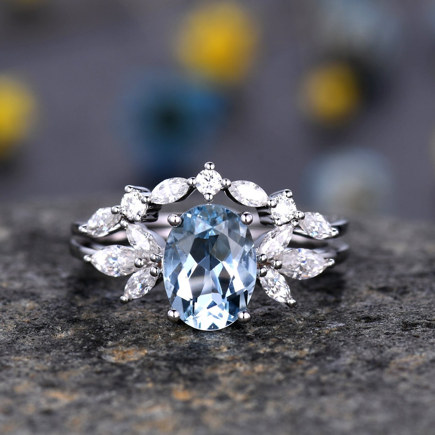Aquamarine ring set aquamarine engagement ring moissanite band aquamarine bridal set Valentines day gift for women March birthstone Ring