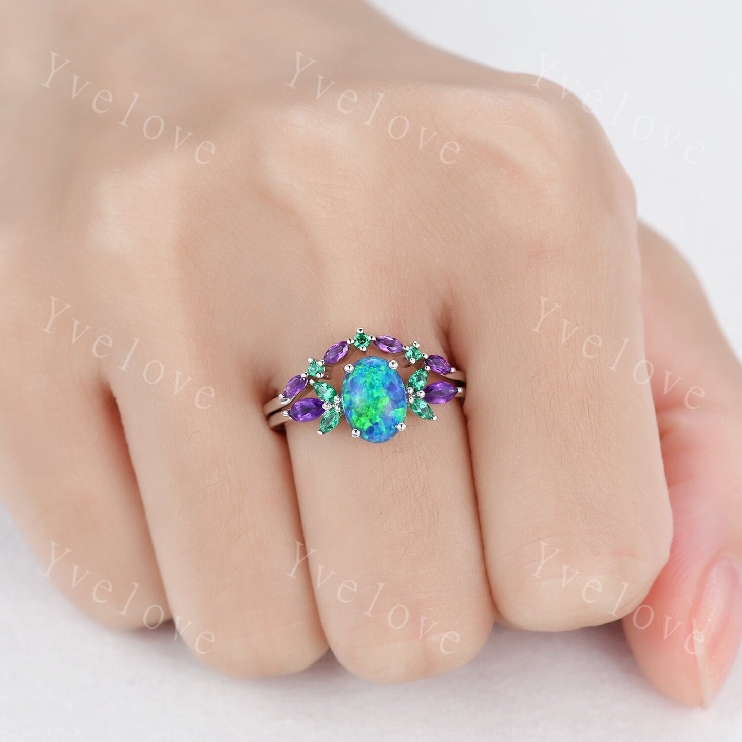 Blue Opal Wedding Ring Set Oval Opal Engagement Ring  Emerald Amethyst Wedding Ring Three Birthstones Family Stone Jewelry Anniversary Gift