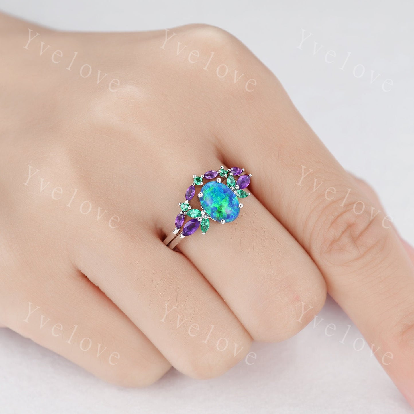 Blue Opal Wedding Ring Set Oval Opal Engagement Ring  Emerald Amethyst Wedding Ring Three Birthstones Family Stone Jewelry Anniversary Gift