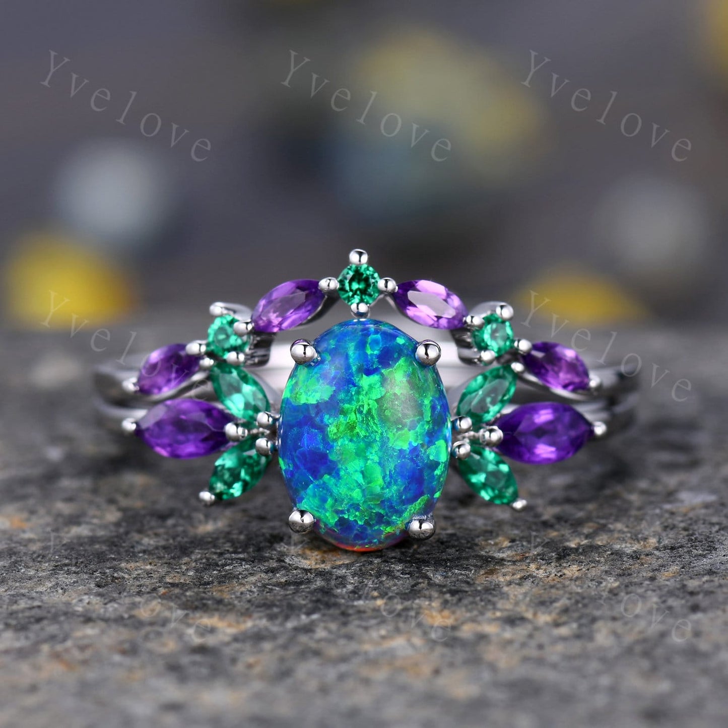Blue Opal Wedding Ring Set Oval Opal Engagement Ring  Emerald Amethyst Wedding Ring Three Birthstones Family Stone Jewelry Anniversary Gift