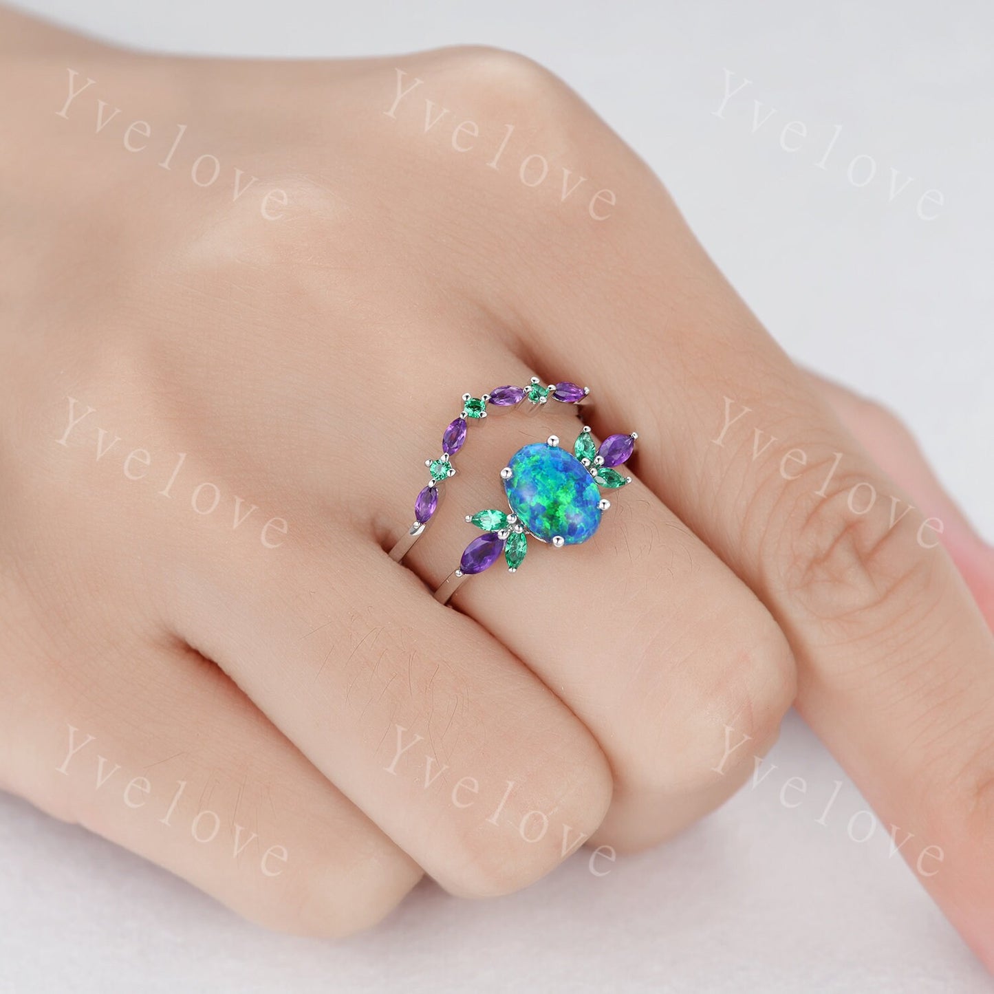 Blue Opal Wedding Ring Set Oval Opal Engagement Ring  Emerald Amethyst Wedding Ring Three Birthstones Family Stone Jewelry Anniversary Gift