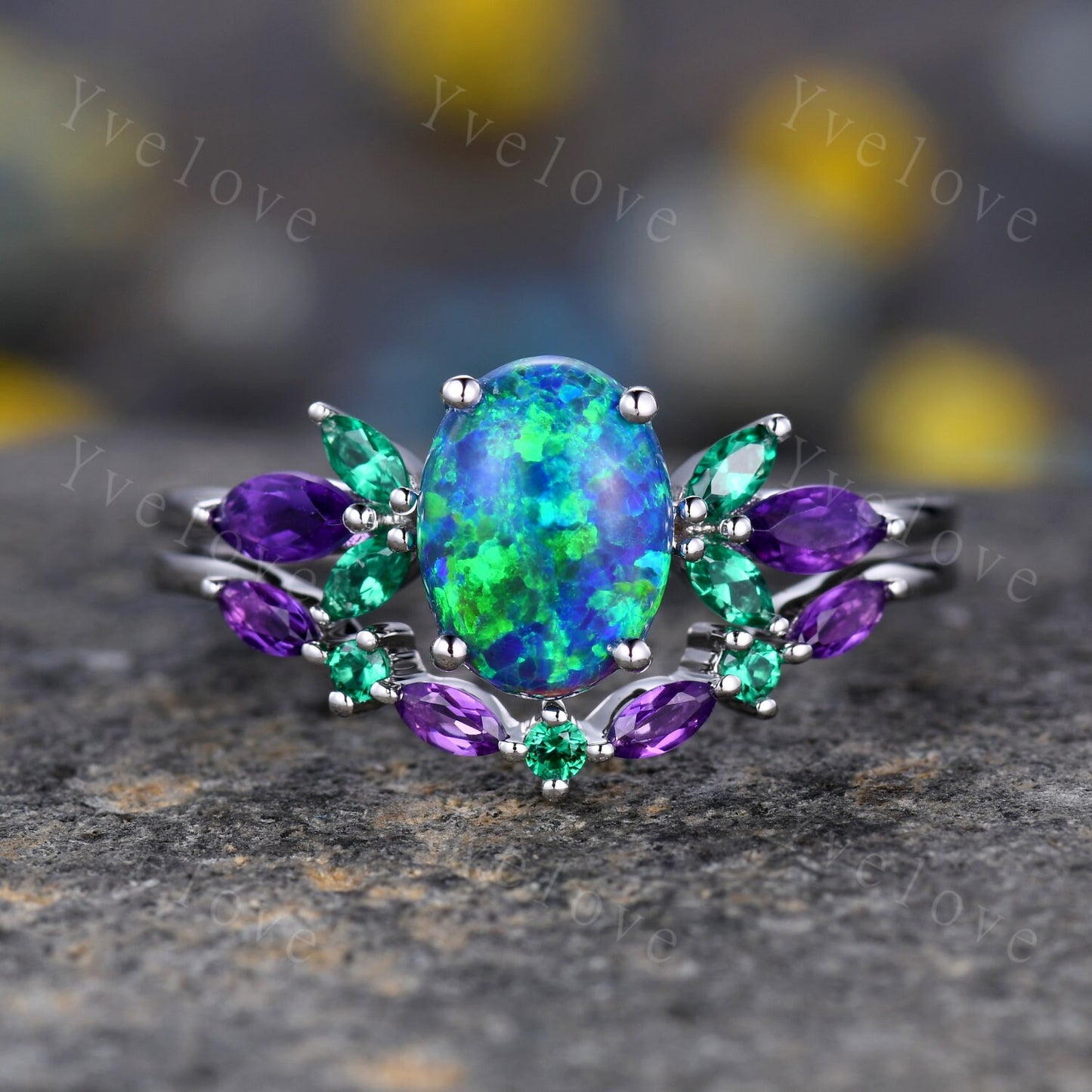 Blue Opal Wedding Ring Set Oval Opal Engagement Ring  Emerald Amethyst Wedding Ring Three Birthstones Family Stone Jewelry Anniversary Gift
