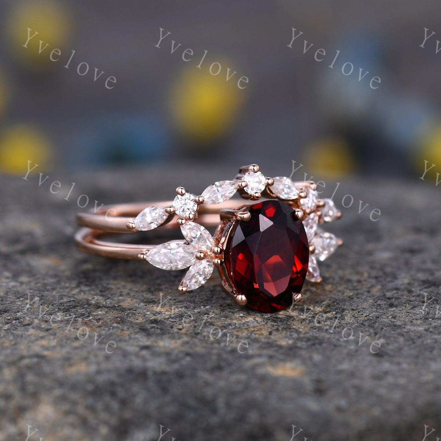 Garnet engagement ring set rose gold art deco ring moissanite stackng matching band women promise ring bridal set anniversary gift for her