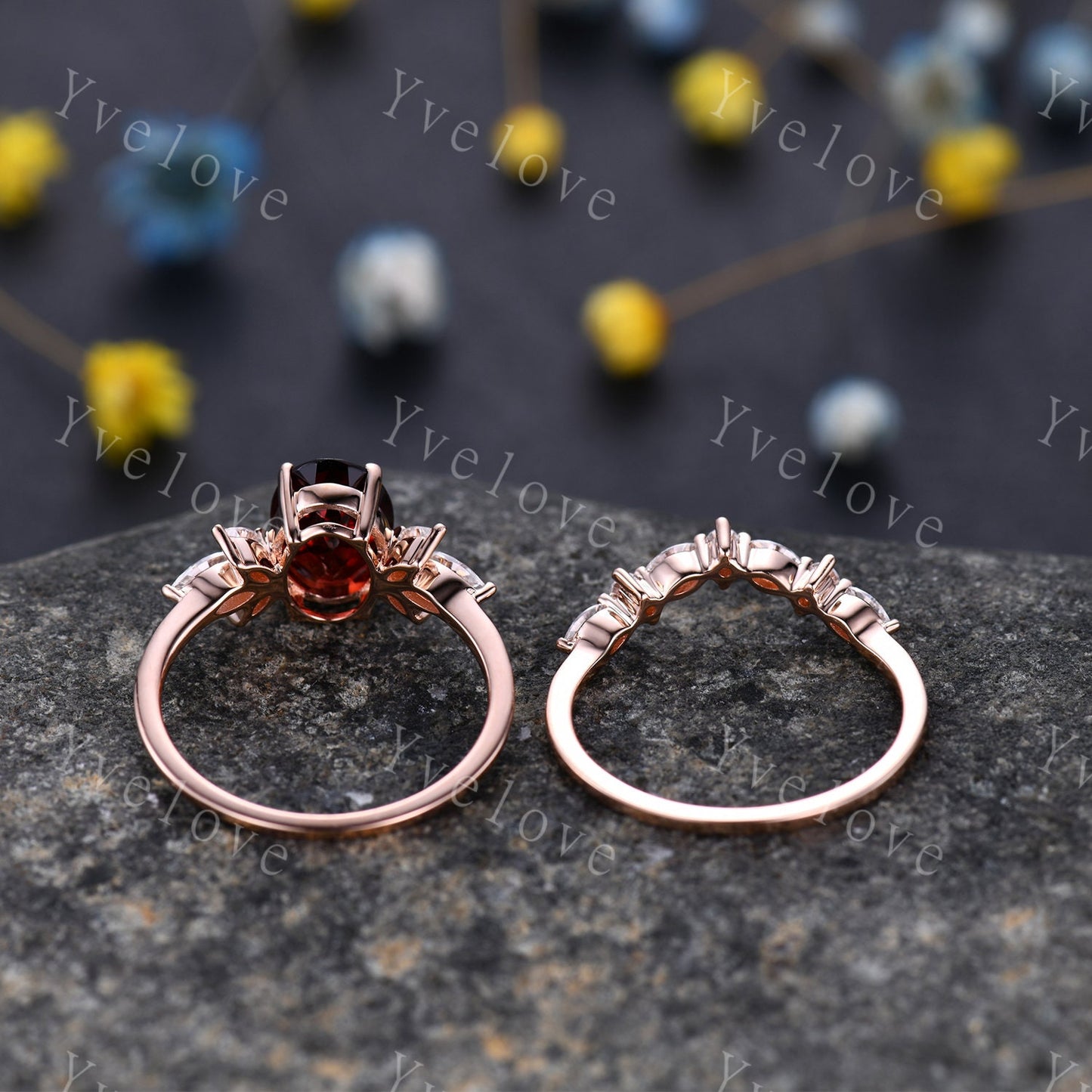 Garnet engagement ring set rose gold art deco ring moissanite stackng matching band women promise ring bridal set anniversary gift for her