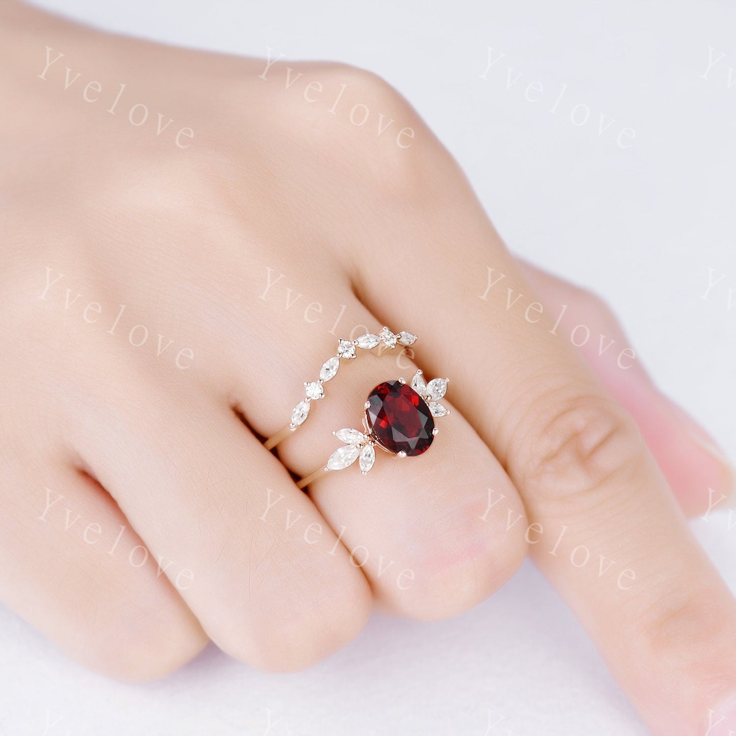 Garnet engagement ring set rose gold art deco ring moissanite stackng matching band women promise ring bridal set anniversary gift for her