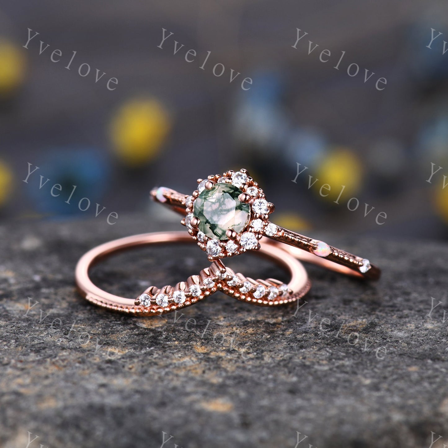 Vintage Moss Agate Engagement Ring Set Rose Gold Diamond Eternity Ring For Women Stacking Bridal Set Floral Halo Promise Anniversary Gift