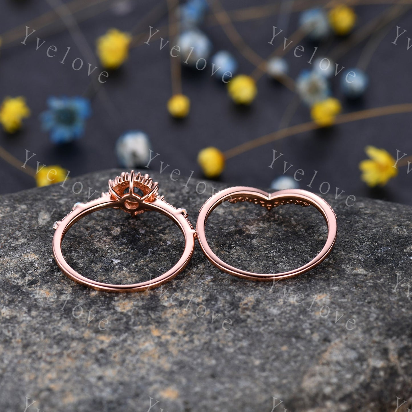 Vintage Moss Agate Engagement Ring Set Rose Gold Diamond Eternity Ring For Women Stacking Bridal Set Floral Halo Promise Anniversary Gift