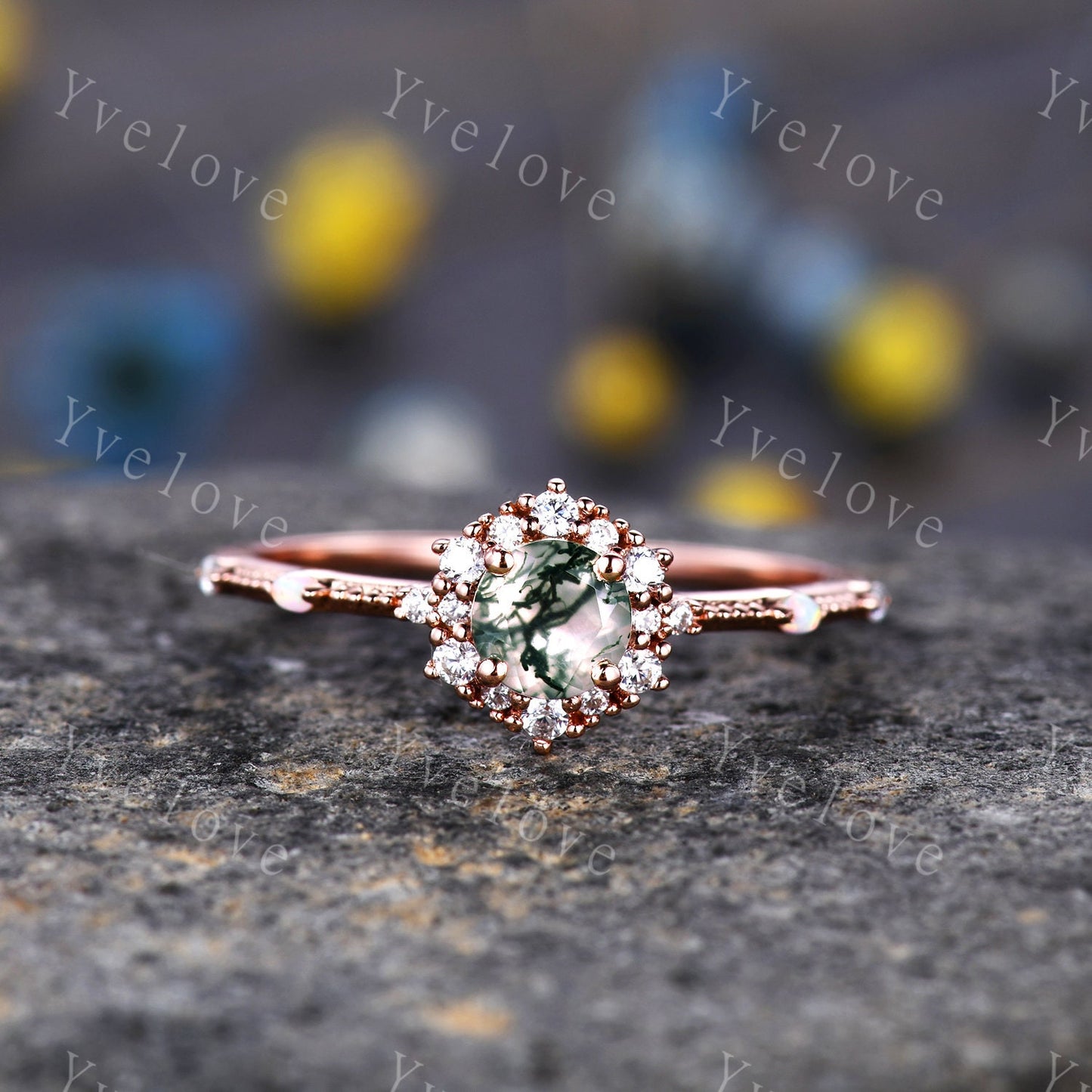 Vintage Moss Agate Engagement Ring Set Rose Gold Diamond Eternity Ring For Women Stacking Bridal Set Floral Halo Promise Anniversary Gift