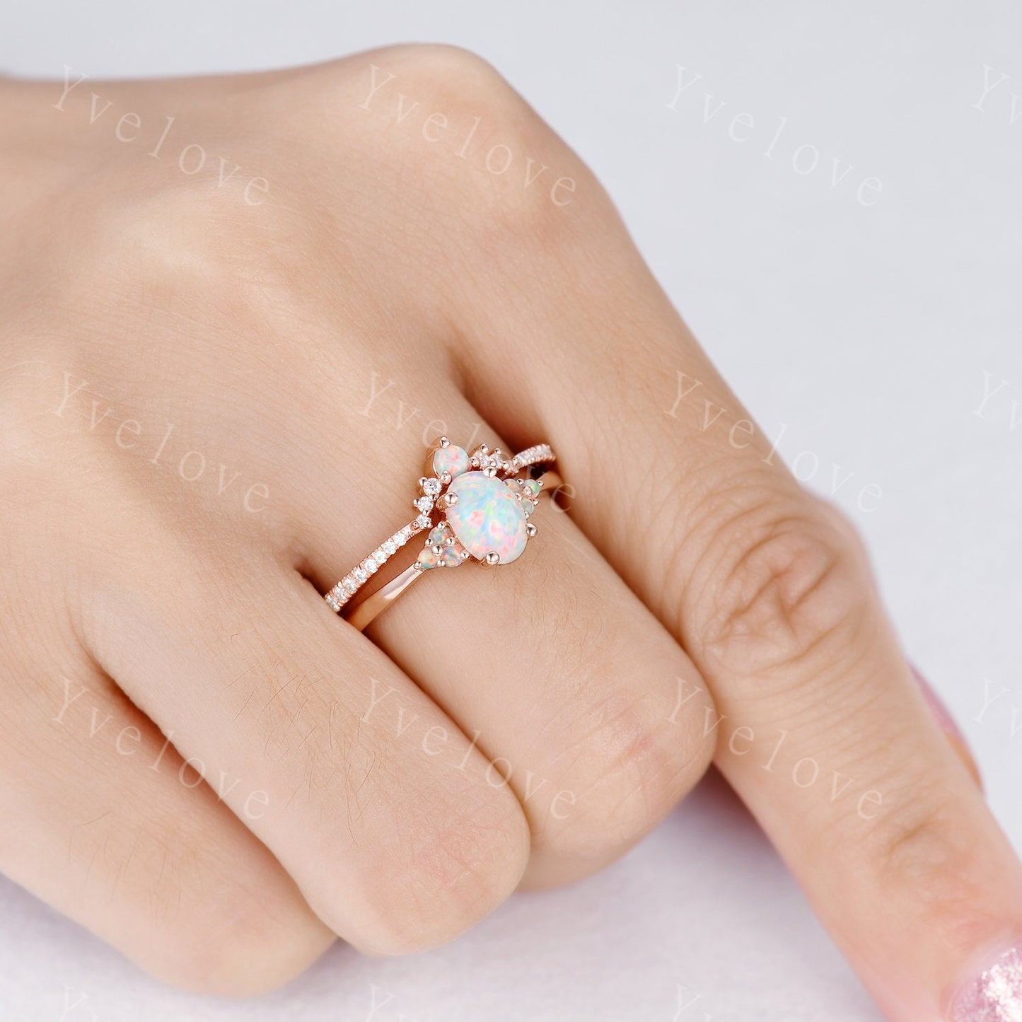 White Opal Engagement Ring Set,Opal Rings for Women, Rose Gold Opal Diamond Curved Matching Band set his and hers Promise Ring, Danity Ring