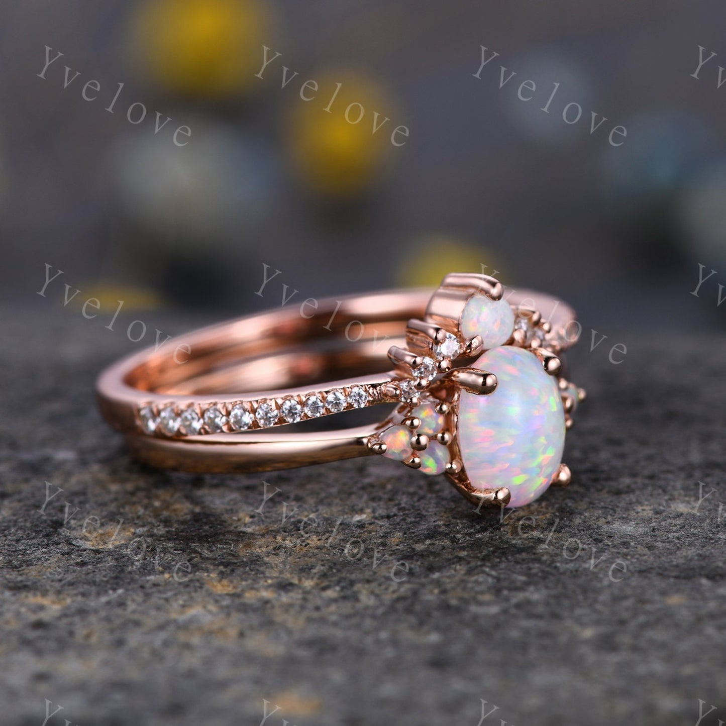 White Opal Engagement Ring Set,Opal Rings for Women, Rose Gold Opal Diamond Curved Matching Band set his and hers Promise Ring, Danity Ring