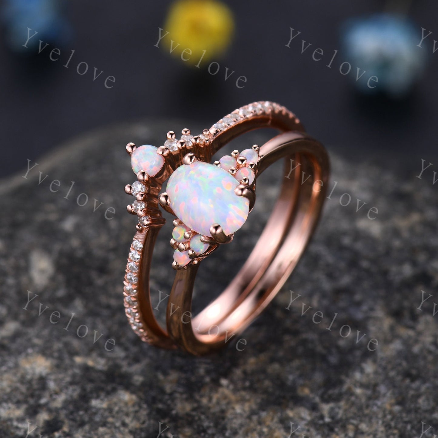 White Opal Engagement Ring Set,Opal Rings for Women, Rose Gold Opal Diamond Curved Matching Band set his and hers Promise Ring, Danity Ring
