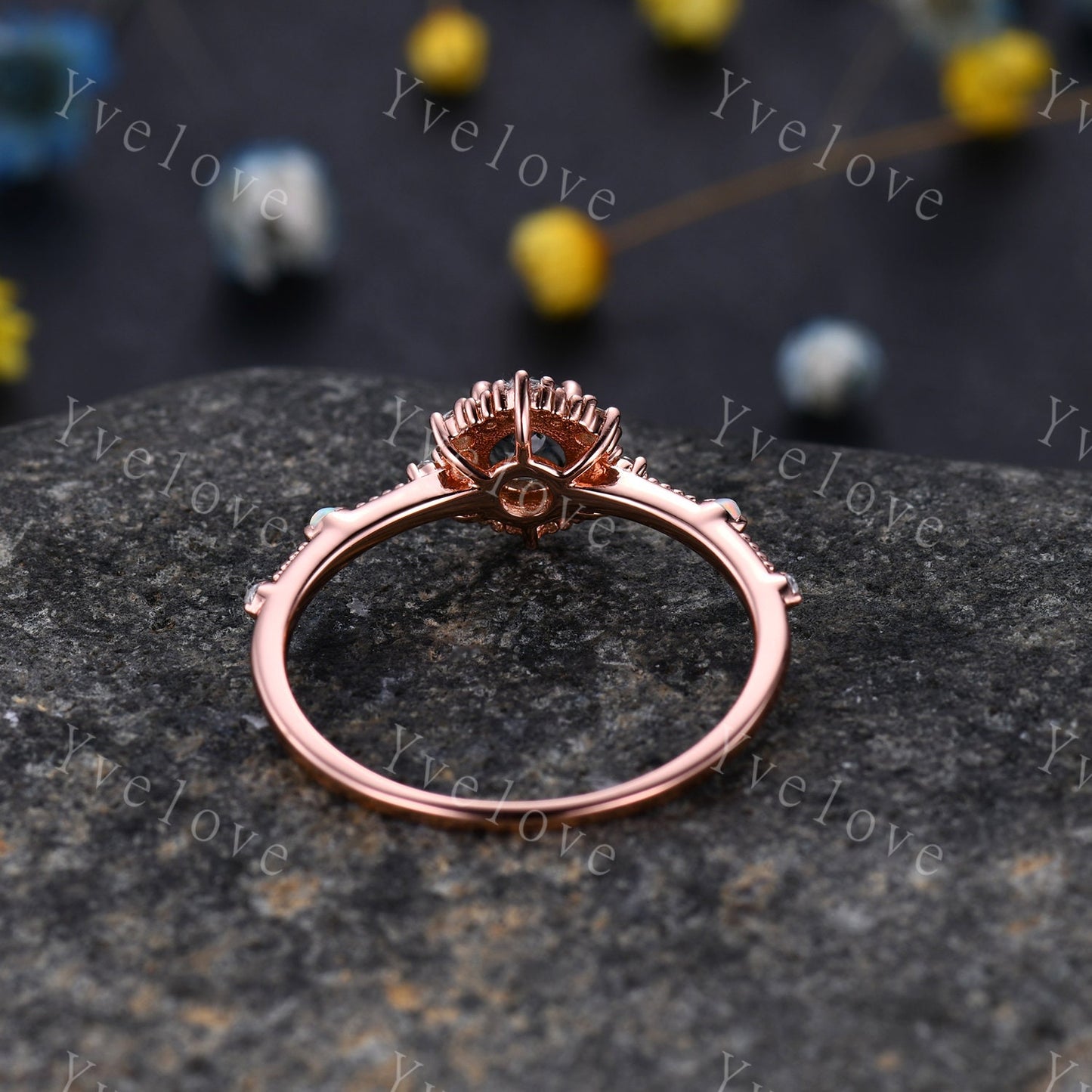 Danity Moss Agate Engagement Ring Rose Gold Diamond Eternity Ring For Women Stacking Bridal Ring Floral Halo Promise Anniversary Gift