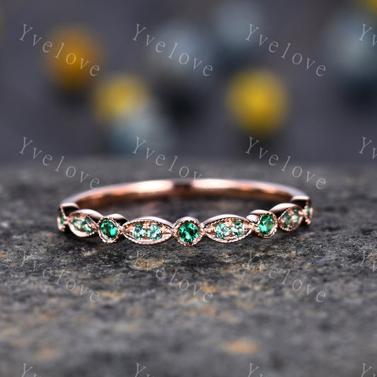 Emerald wedding band 14k rose gold art deco half eternity ring Emerald matching band simple ring anniversary ring May Birthstone customized