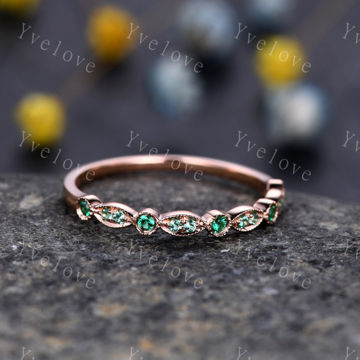 Emerald wedding band 14k rose gold art deco half eternity ring Emerald matching band simple ring anniversary ring May Birthstone customized