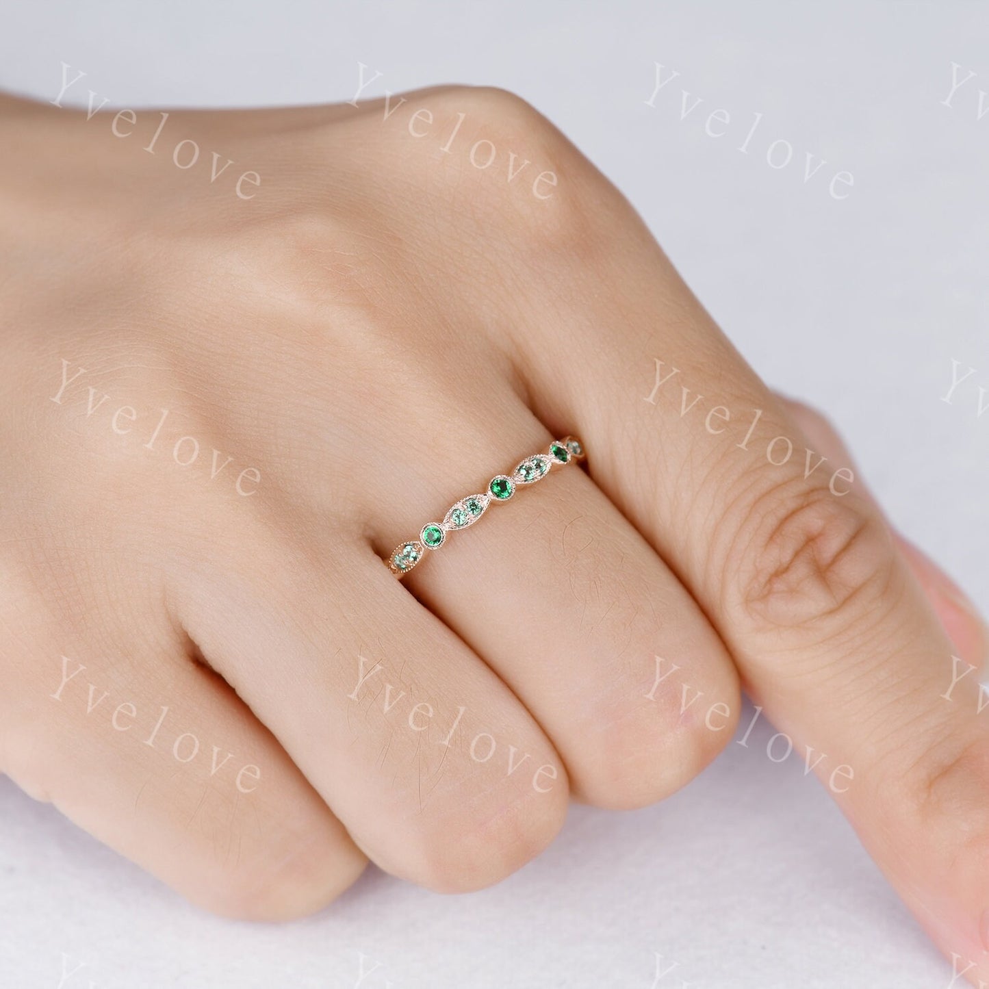Emerald wedding band 14k rose gold art deco half eternity ring Emerald matching band simple ring anniversary ring May Birthstone customized