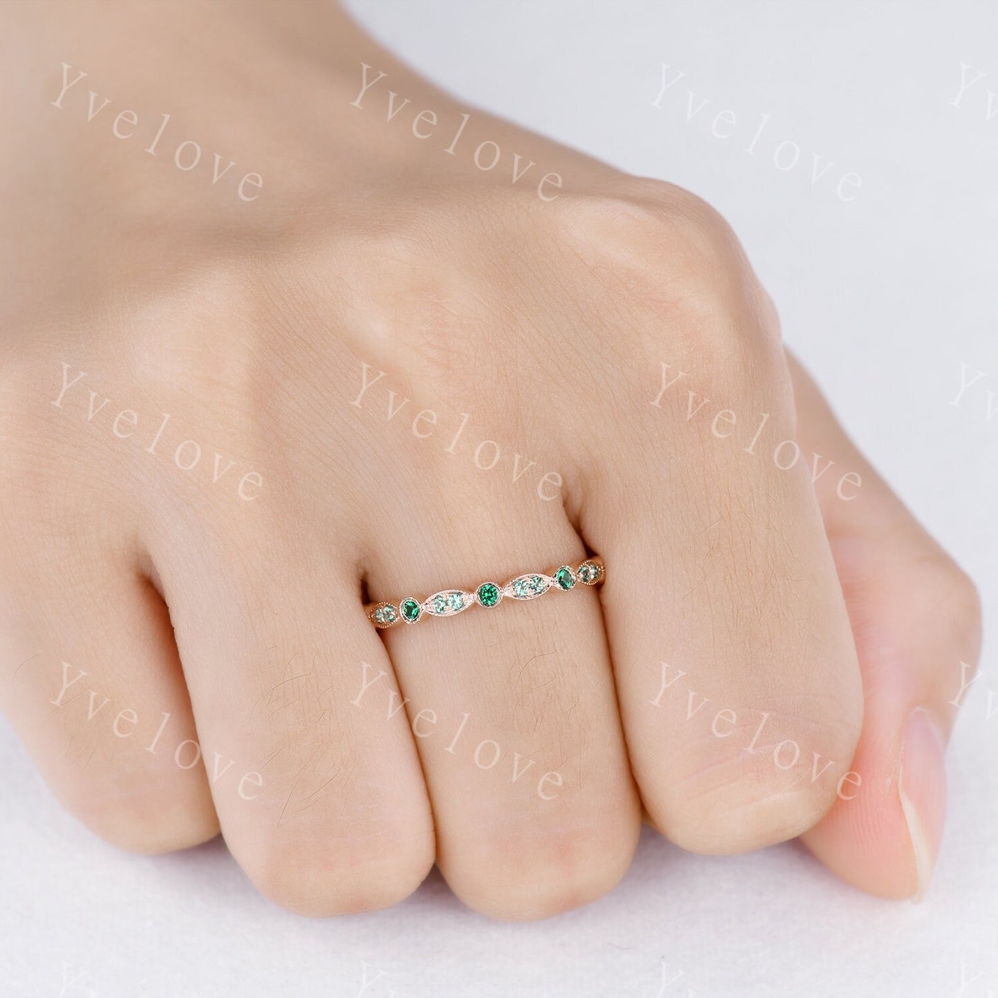 Emerald wedding band 14k rose gold art deco half eternity ring Emerald matching band simple ring anniversary ring May Birthstone customized