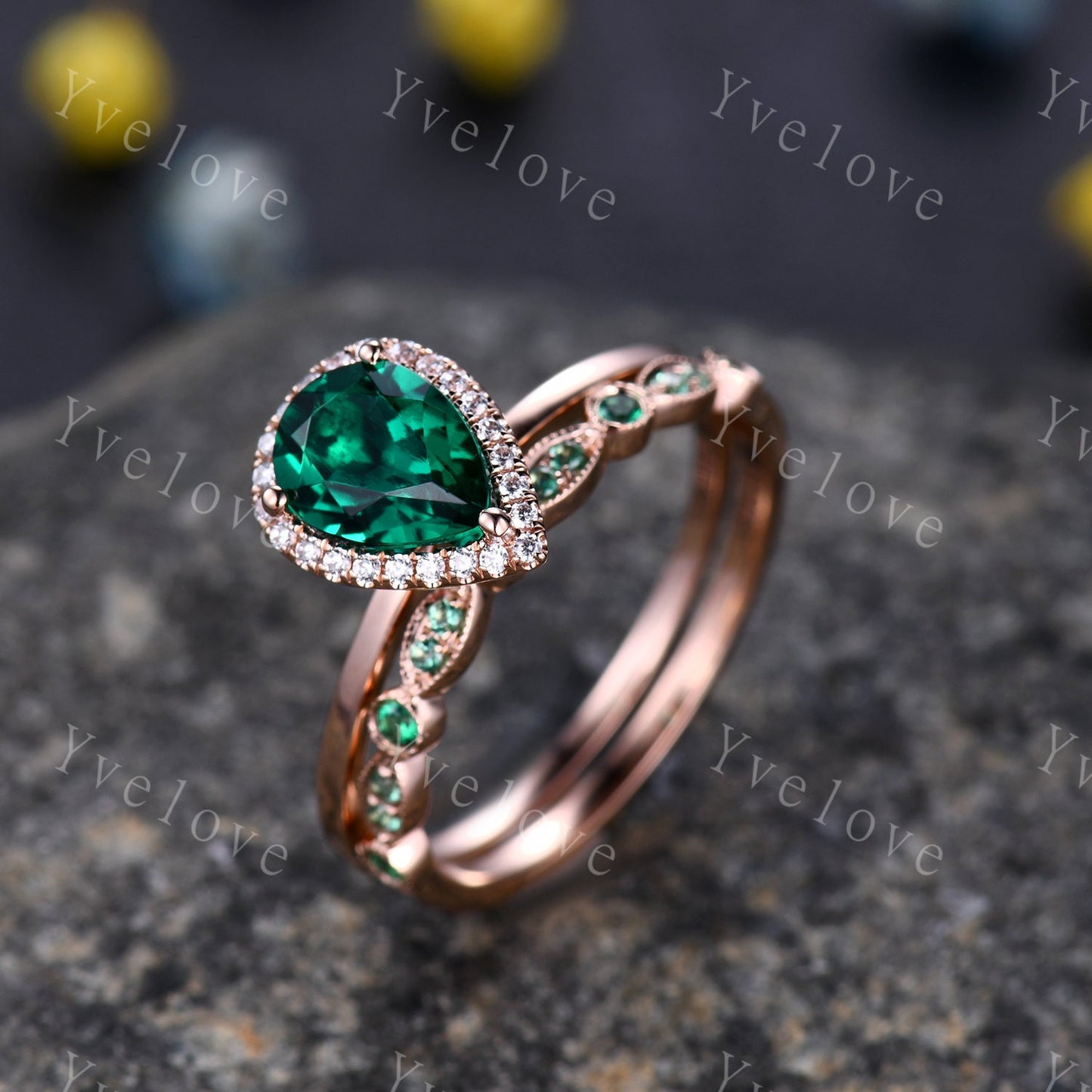 Emerald engagement ring set,Pear cut Emerald Solitaire Ring,14k yellow gold,May Birthstone Ring, Half Eternity diamond matching band Custom