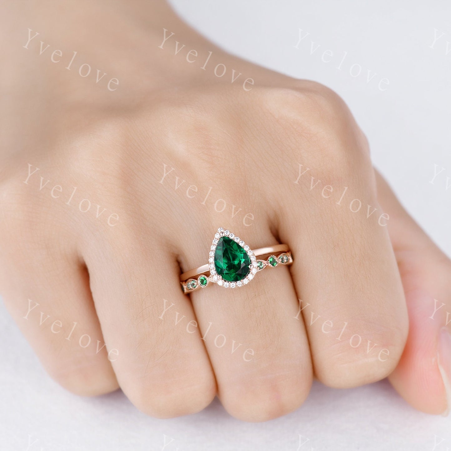 Emerald engagement ring set,Pear cut Emerald Solitaire Ring,14k yellow gold,May Birthstone Ring, Half Eternity diamond matching band Custom