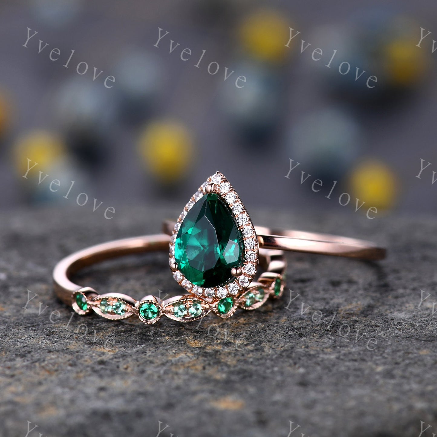 Emerald engagement ring set,Pear cut Emerald Solitaire Ring,14k yellow gold,May Birthstone Ring, Half Eternity diamond matching band Custom