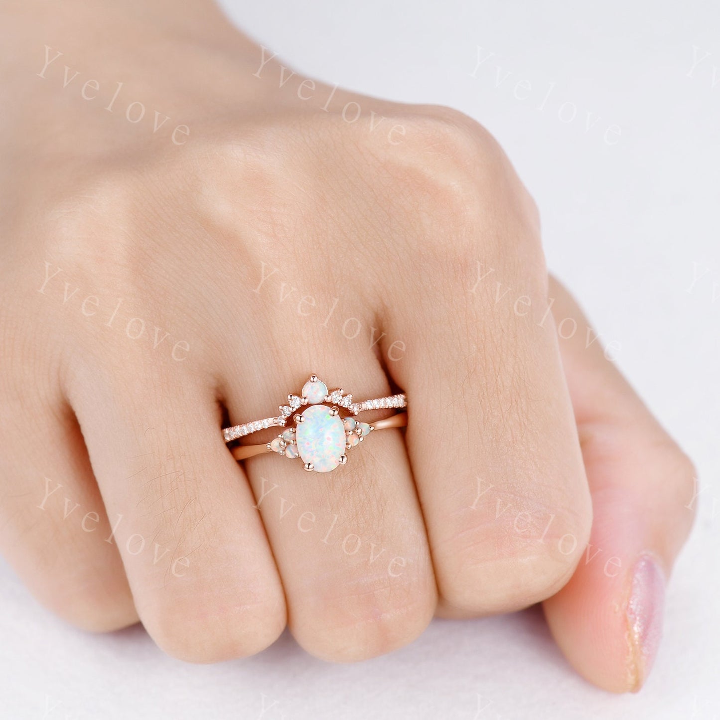 White Opal Stacking Band,Opal Wedding Ring, Curved Matching Band, Dainty Opal Ring,White Opal and Diamond Ring, 14K Rose Gold Opal Ring Set
