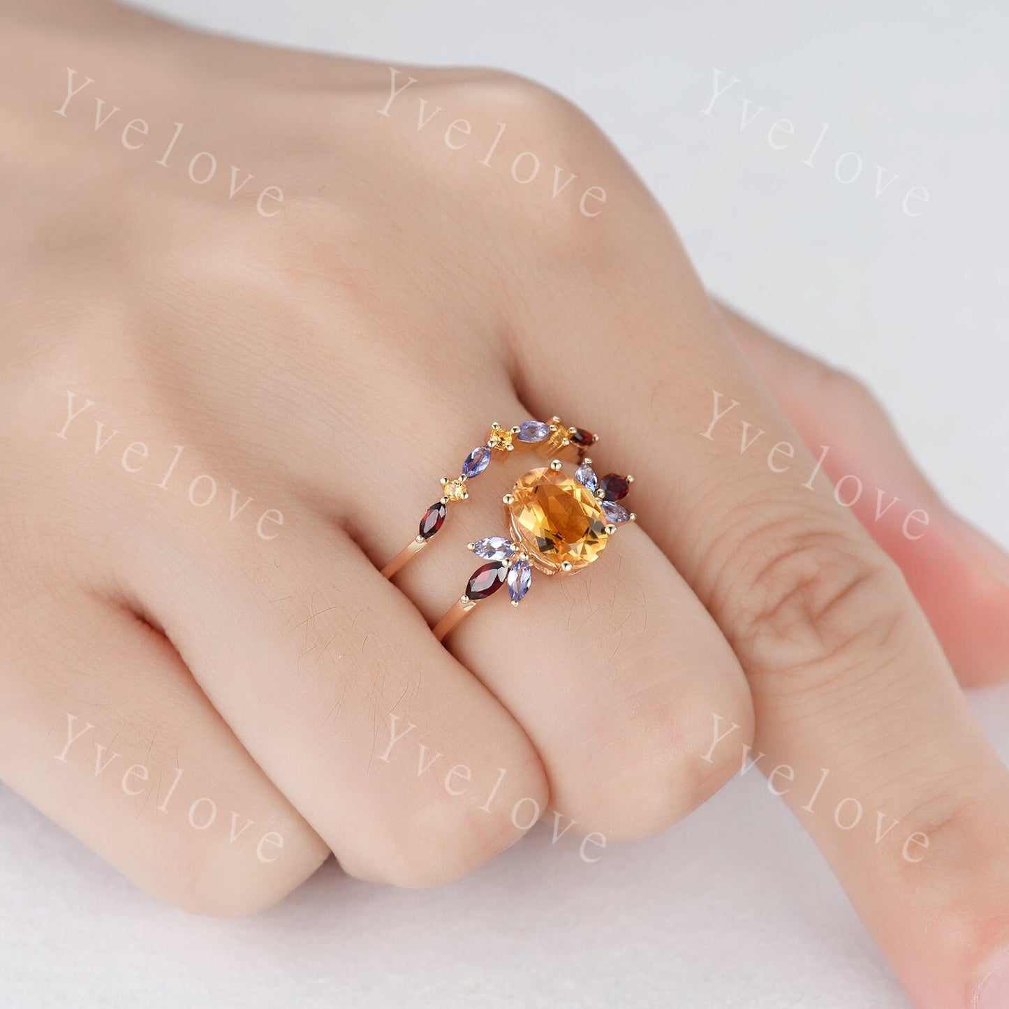 Oval Cut Citrine Wedding Ring Set, Marquise Garnet tanzanite ring, Moissanite Eternity Wedding Band, November Birthstone, Art Deco ring