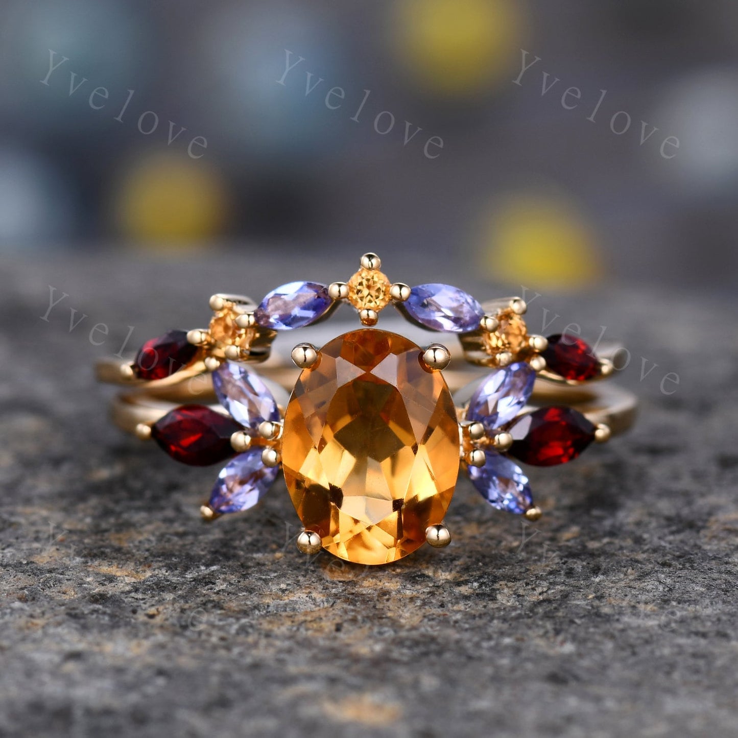 Yellow Citrine Wedding Band, Marquise Garnet tanzanite ring,Women Stacking Matching Wedding Band,Family Birthstone,Art Deco ring,Customized