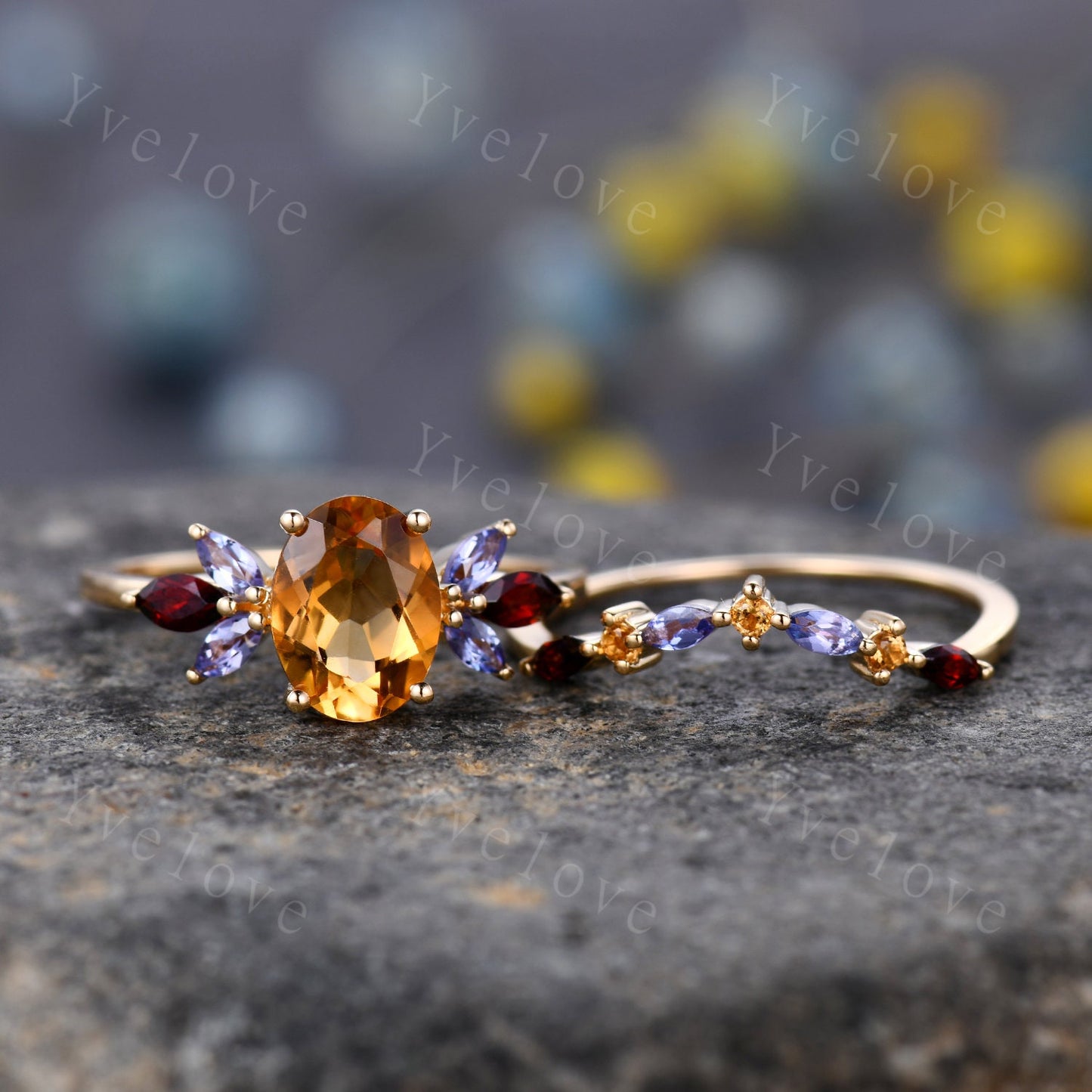 Oval Cut Citrine Wedding Ring Set, Marquise Garnet tanzanite ring, Moissanite Eternity Wedding Band, November Birthstone, Art Deco ring