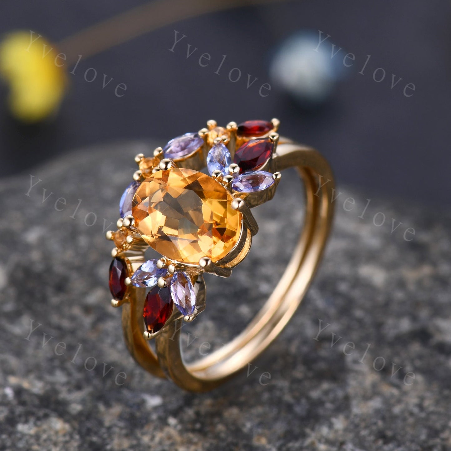 Oval Cut Citrine Wedding Ring Set, Marquise Garnet tanzanite ring, Moissanite Eternity Wedding Band, November Birthstone, Art Deco ring