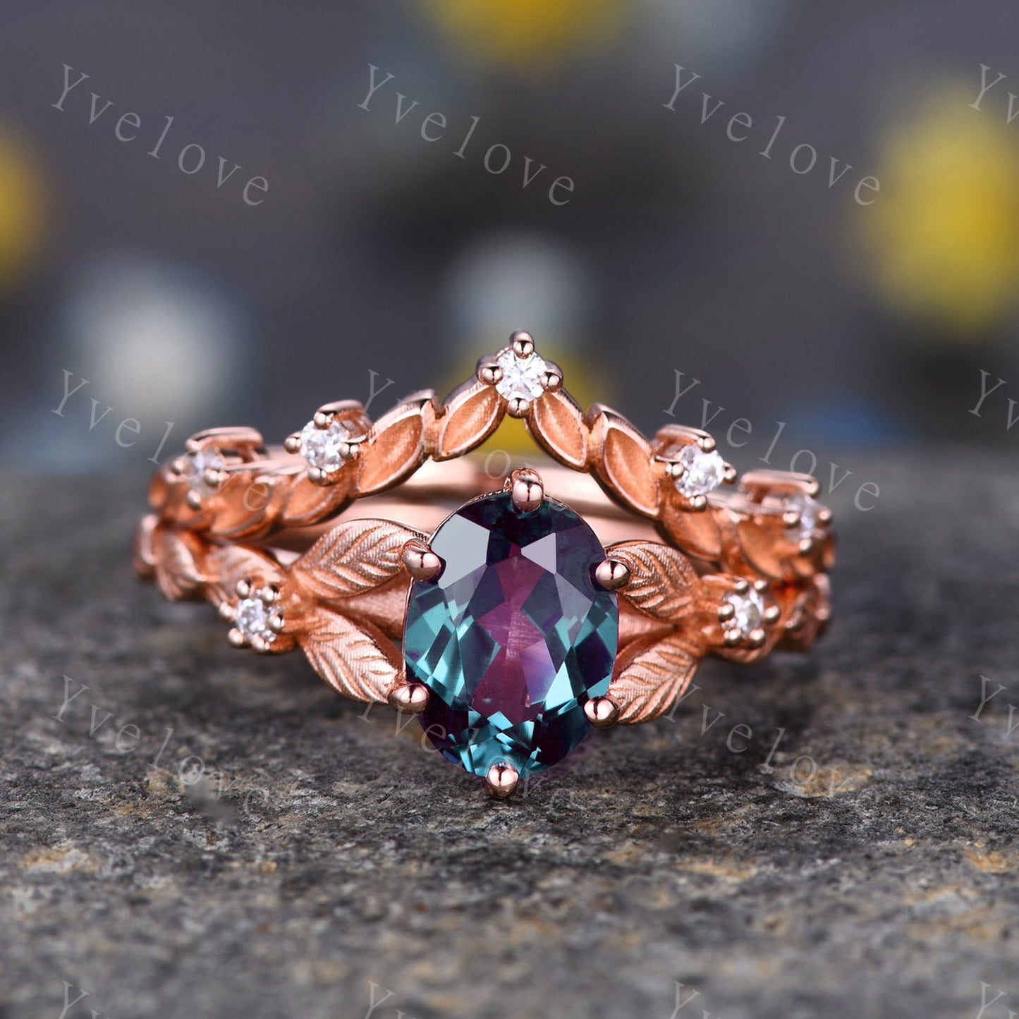 Vintage Alexandrite engagement ring set Floral Alexandrite Wedding Ring Set June Birthstone Bridal Ring Set Women Promise Ring Set Jewelry