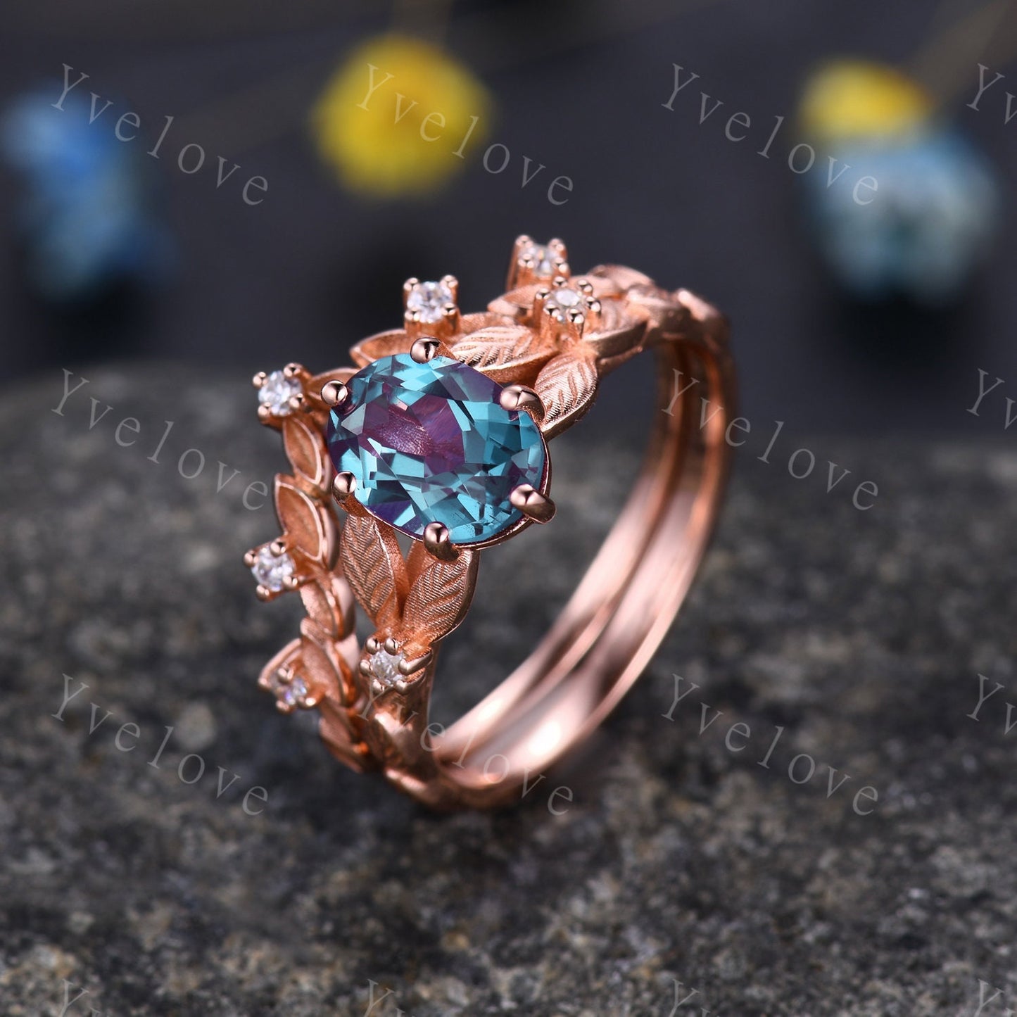 Vintage Alexandrite engagement ring set Floral Alexandrite Wedding Ring Set June Birthstone Bridal Ring Set Women Promise Ring Set Jewelry