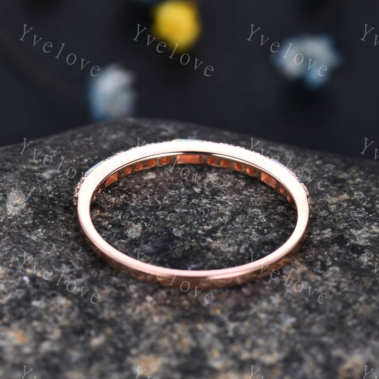 White Fire Opal Diamond Wedding Ring,Baguette Opal,Minimalist Ring,1.5mm Pave Band,14K Rose Gold,Half Eternity StackingBand,Anniversary Gift