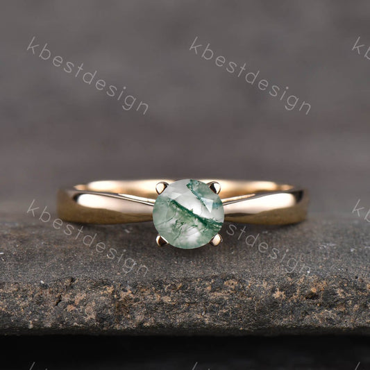 Delicate Moss Agate Ring Round Cut Moss Agate Engagement Ring Yellow Gold Solitaire Ring Stacking Ring Promise Ring Anniversary Gift