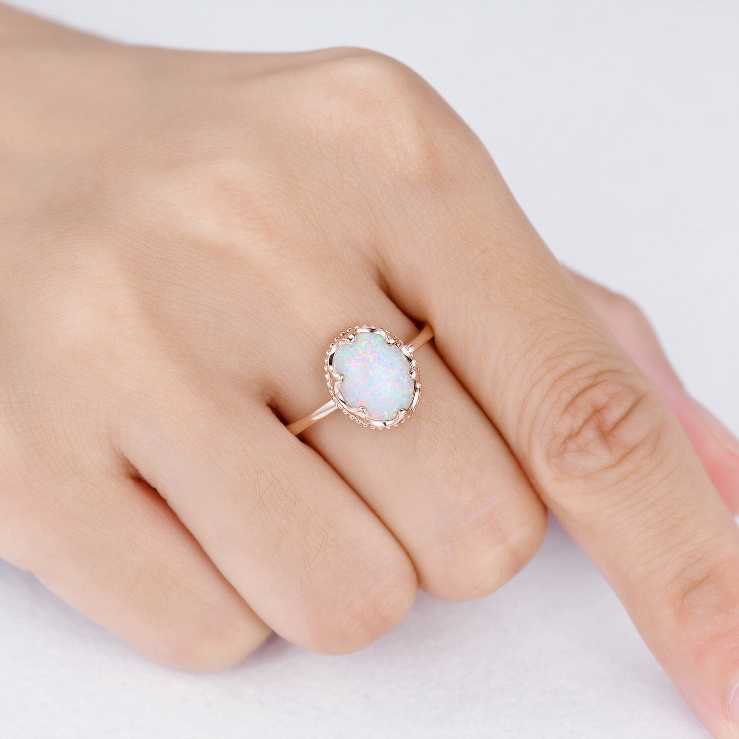10x8mm Oval White Opal Engagement Ring Prong Set Opal Ring Solid 10K/14K/18K Rose Gold Anniversary Promise Ring Bridal Ring Christmas Gift