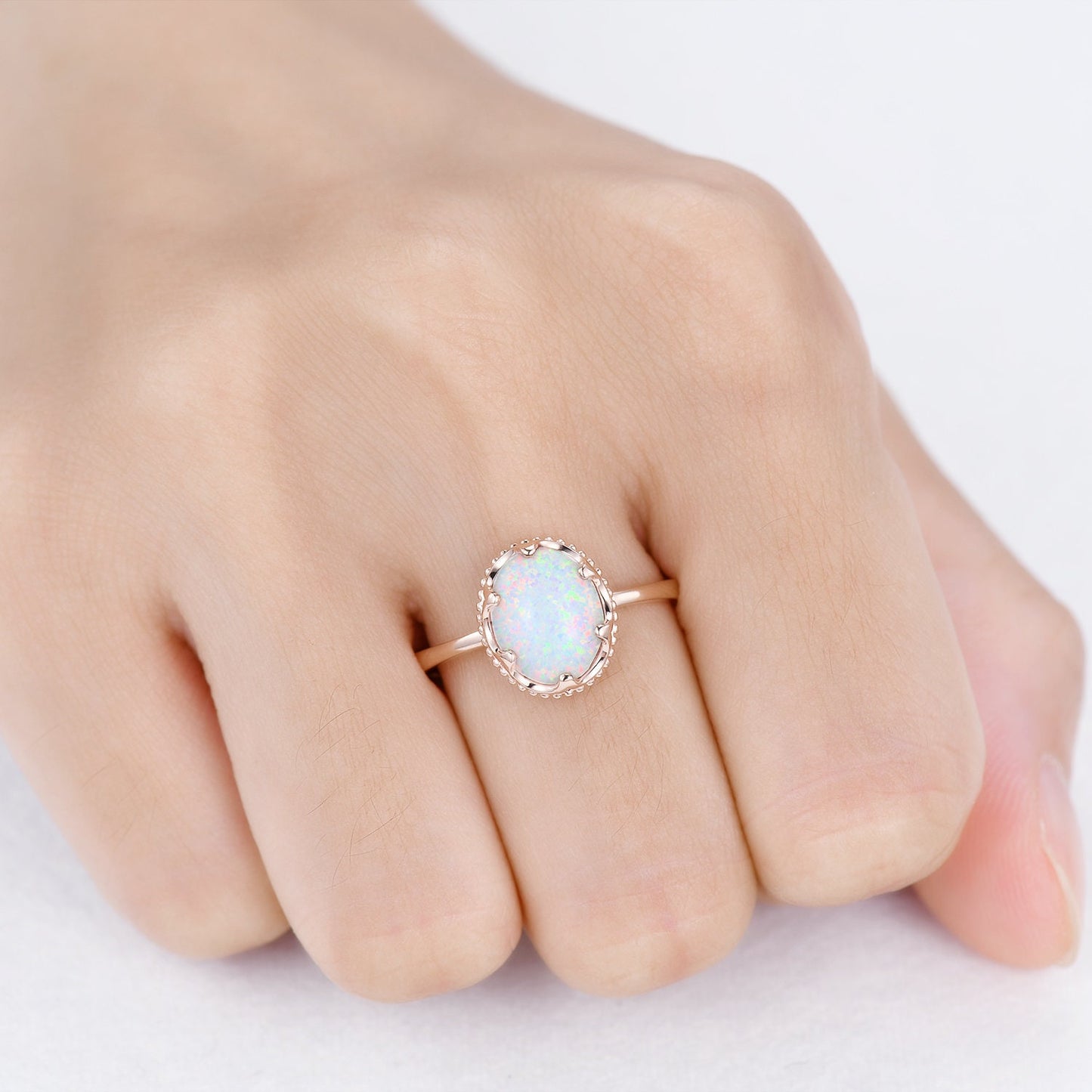 10x8mm Oval White Opal Engagement Ring Prong Set Opal Ring Solid 10K/14K/18K Rose Gold Anniversary Promise Ring Bridal Ring Christmas Gift