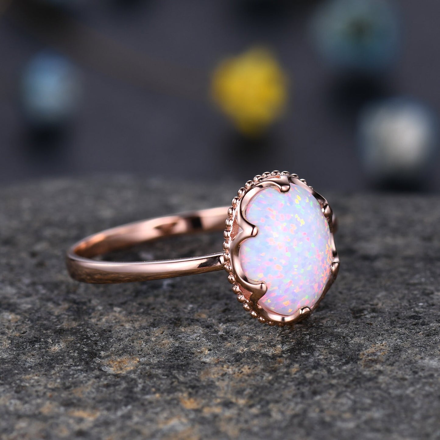 10x8mm Oval White Opal Engagement Ring Prong Set Opal Ring Solid 10K/14K/18K Rose Gold Anniversary Promise Ring Bridal Ring Christmas Gift