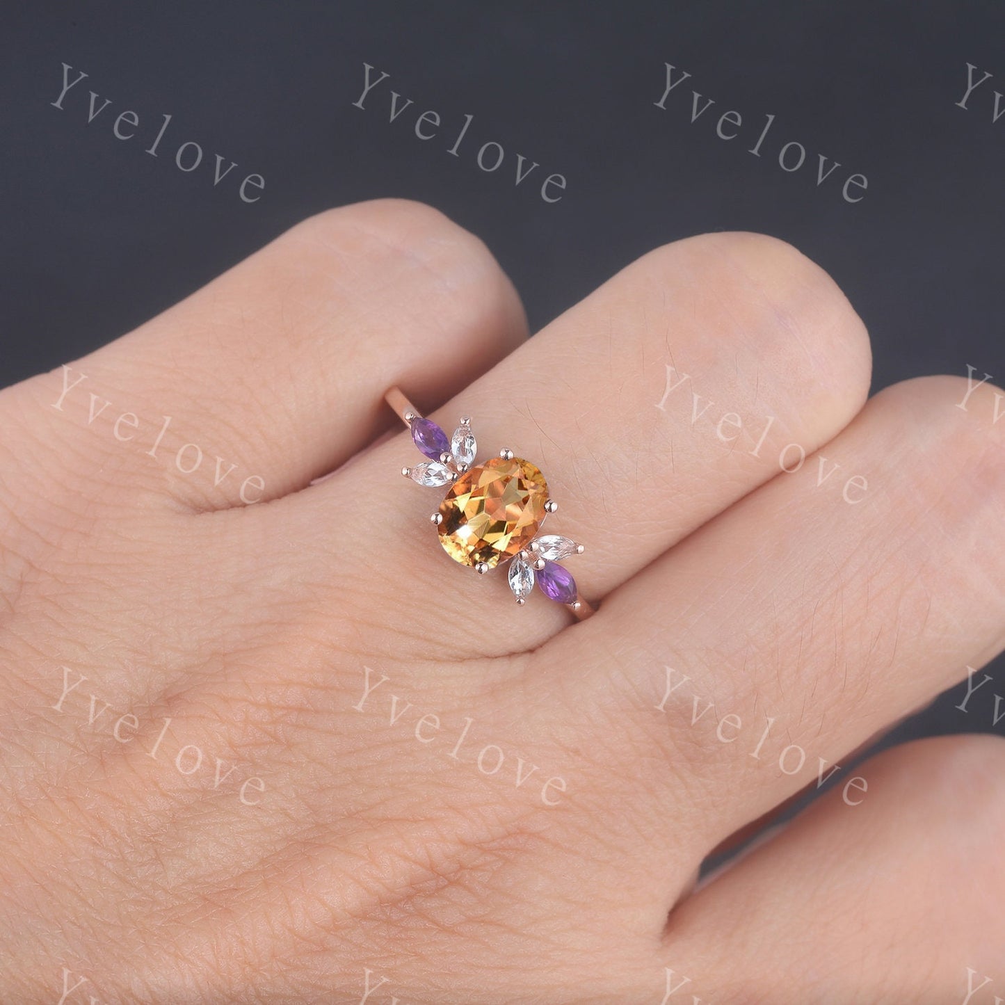 Citrine Ring Set, Natural Citrine Engagement Ring Set,Marquise Amethyst Promise Ring,Yellow Gemstone November Birthstone,Gift For Mom Her