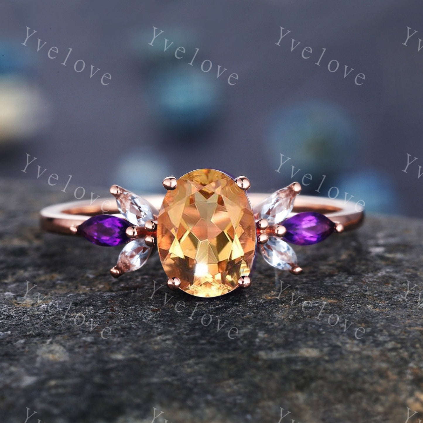 Citrine Ring Set, Natural Citrine Engagement Ring Set,Marquise Amethyst Promise Ring,Yellow Gemstone November Birthstone,Gift For Mom Her