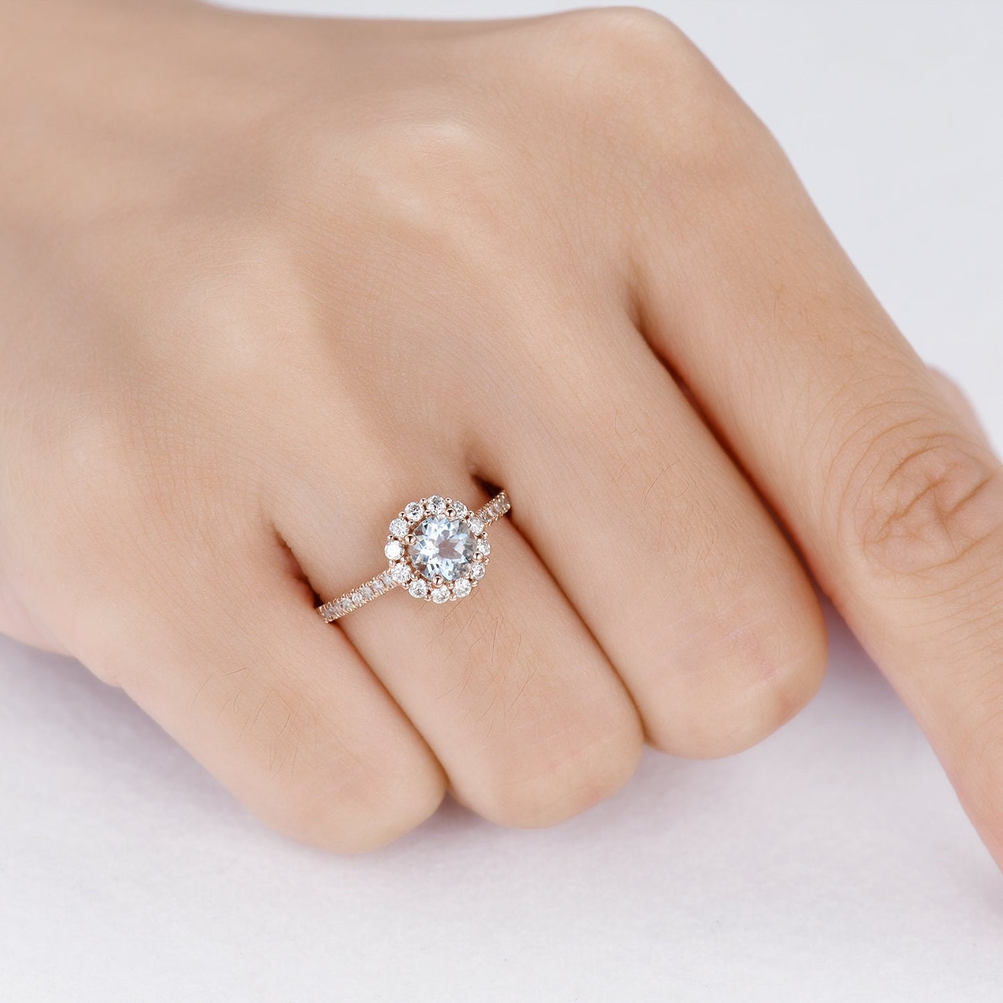 Aquamarine engagement ring 5mm round aquamarine ring floral moissanite halo half eternity diamond band anniversary ring solid 14k rose gold